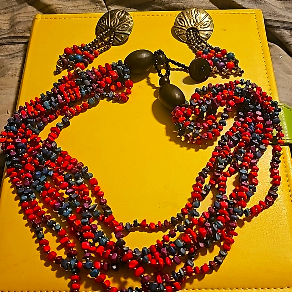 Multi-Colored Wood Metal Beads Clustered Necklace WBrass Dangling Earrings 40$